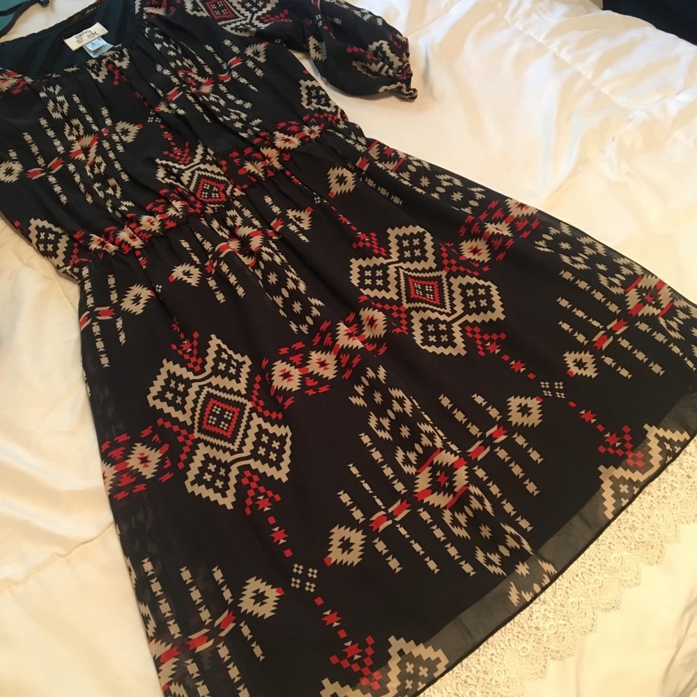 Aztec navy dress with cream lace@bottom